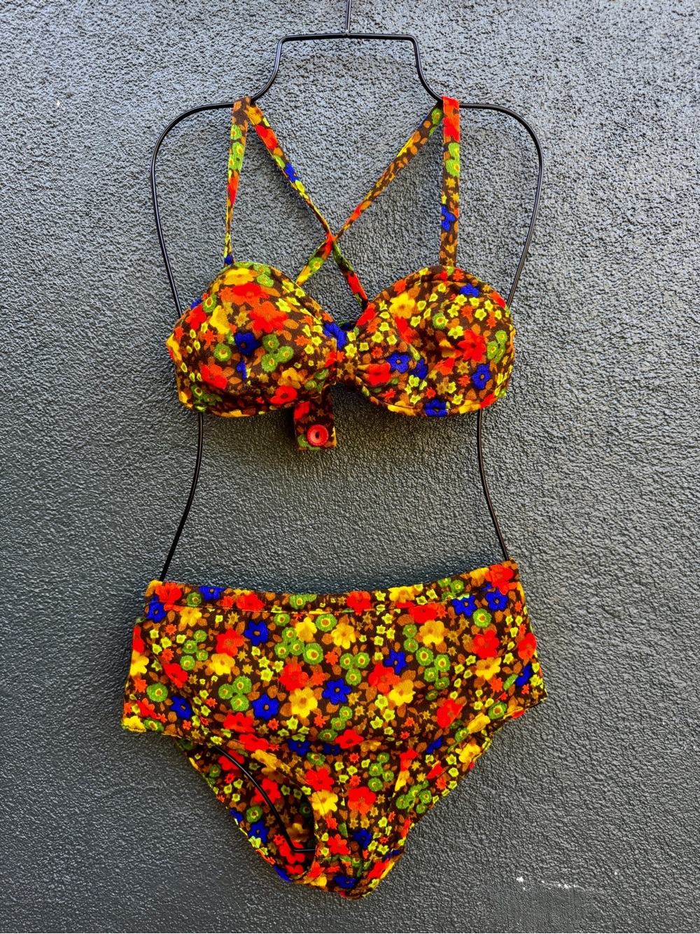 70s Vintage Bright Floral Bark Cloth Bikini Sz M